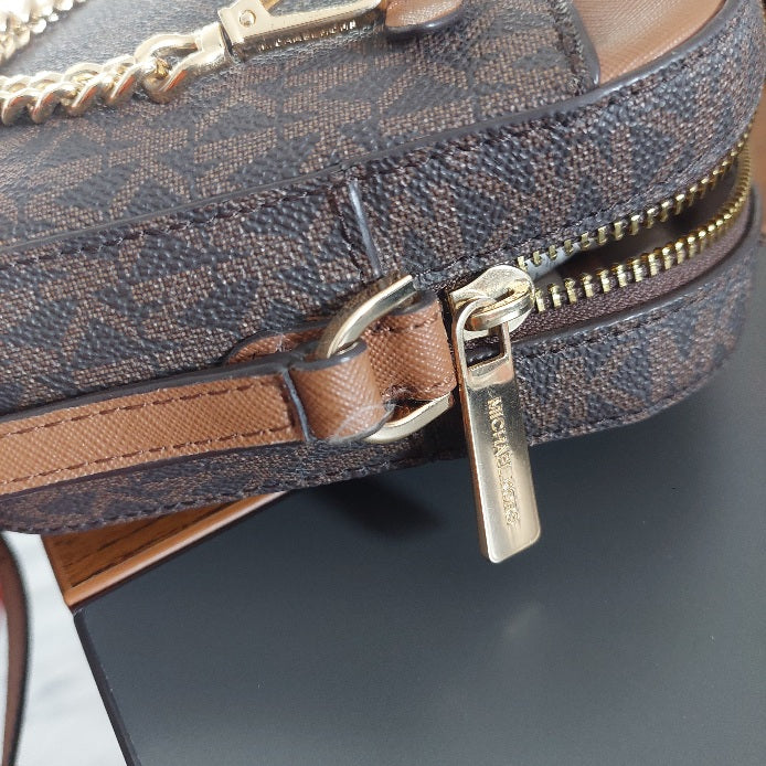 Michael Kors Brown Monogram Jet Set Zipper Chain Crossbody Bag | Pre Loved |