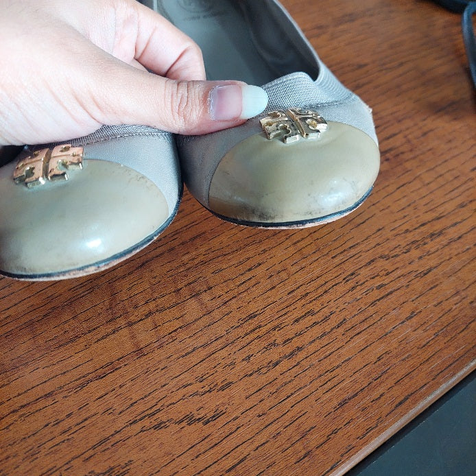 Tory Burch Grey Leather Two-Toned Jolie Ballet Flats | Pre Loved |