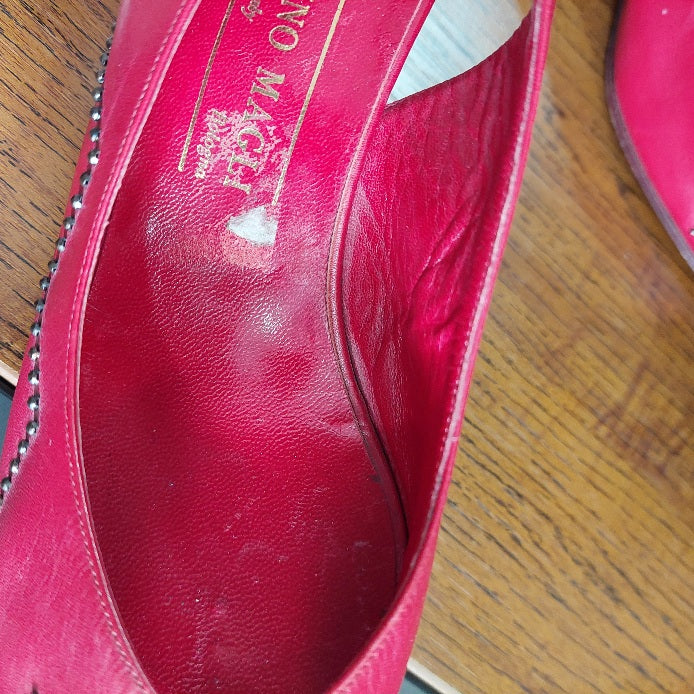 Bruno Magli Red Leather Peep Toe Studded Slingback Wedges | Pre Loved |