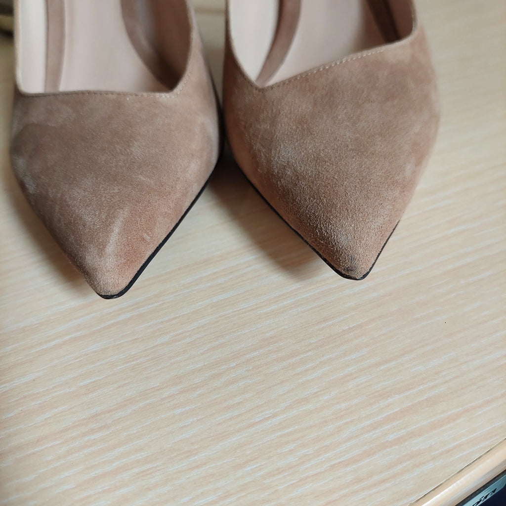Giorgio Armani Nude Suede Asymmetrical Top Line Court Shoes | Pre Loved |
