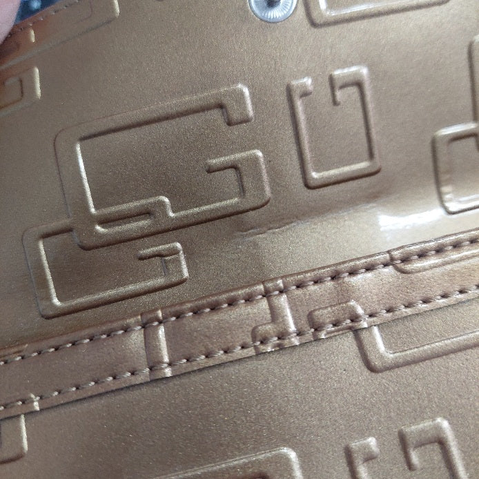 Guess Gold Patent Tri-Fold Monogram Wallet | Brand New |