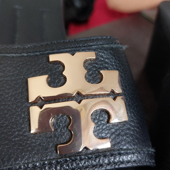 Tory Burch Black Leather 'Lowell 2' Wedge Sandals | Pre Loved |