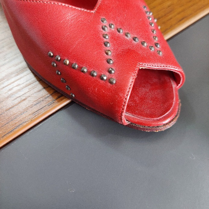 Bruno Magli Red Leather Peep Toe Studded Slingback Wedges | Pre Loved |