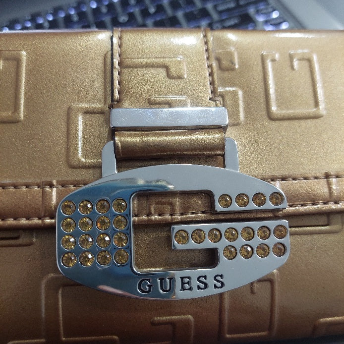 Guess Gold Patent Tri-Fold Monogram Wallet | Brand New |