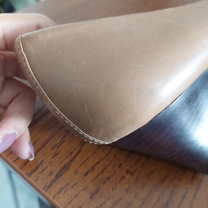 Tory Burch Tan Two Tone Patent Leather Caroline Wedges | Pre Loved |