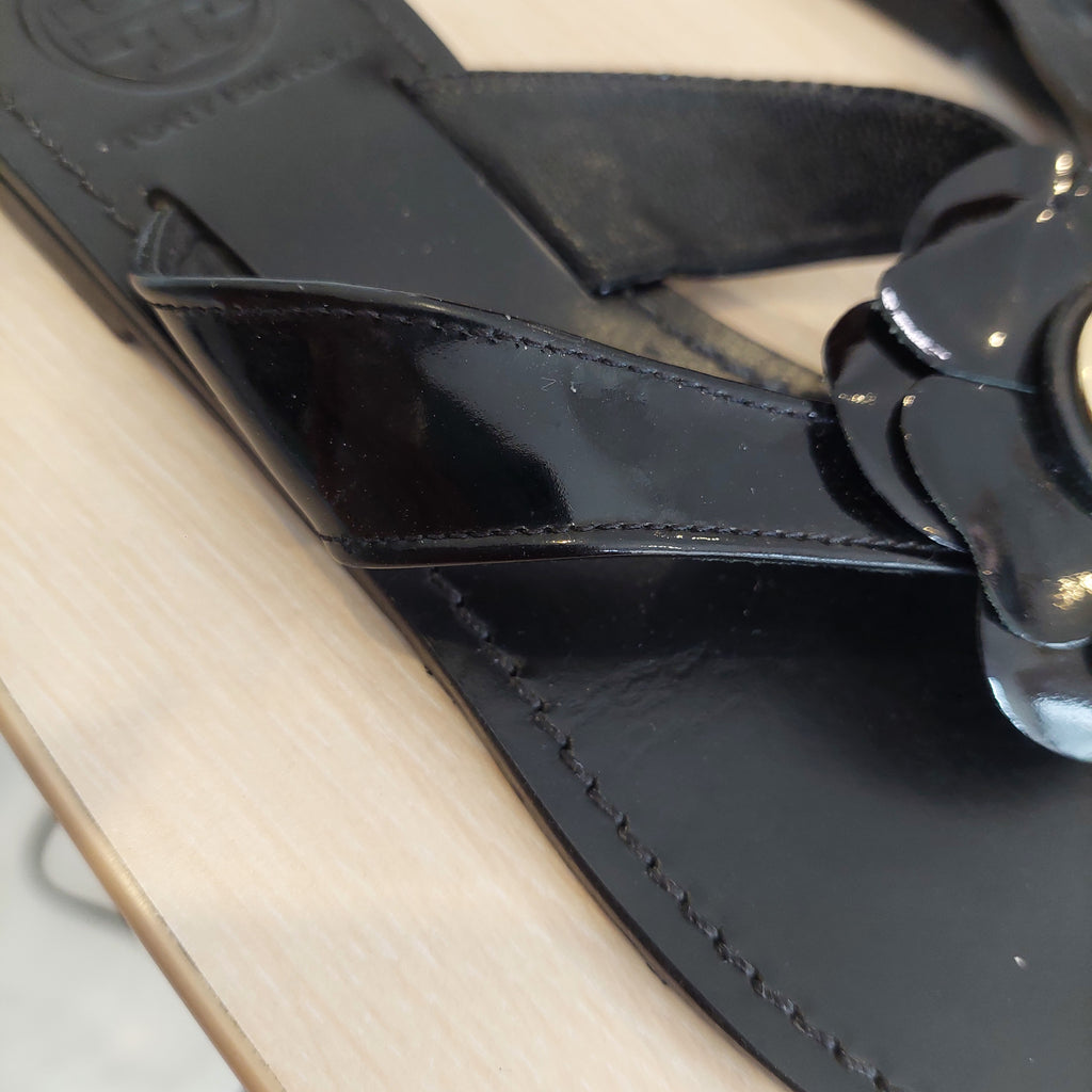 Tory Burch Breely Black Patent Gold Logo Flower Flip-Flops Sandals | Pre Loved |