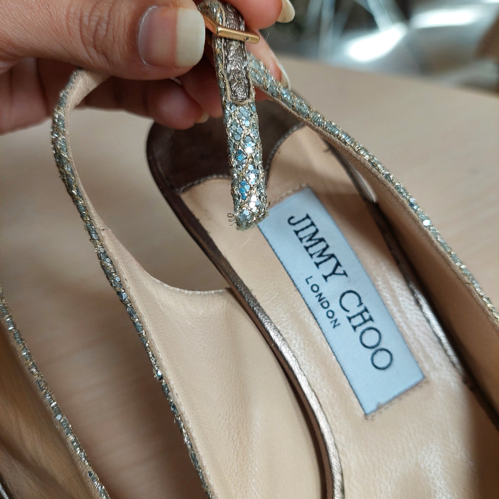 Jimmy Choo Silver & Gold Glitter Mesh Fabric Peep Toe Heels | Pre Loved |