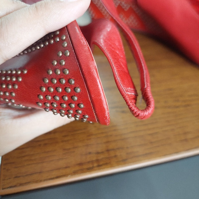 Bruno Magli Red Leather Peep Toe Studded Slingback Wedges | Pre Loved |