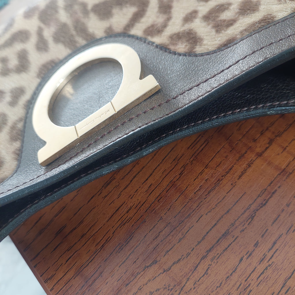 Salvatore Ferragamo Brown Calf Hair Leather Shoulder Bag | Pre Loved |