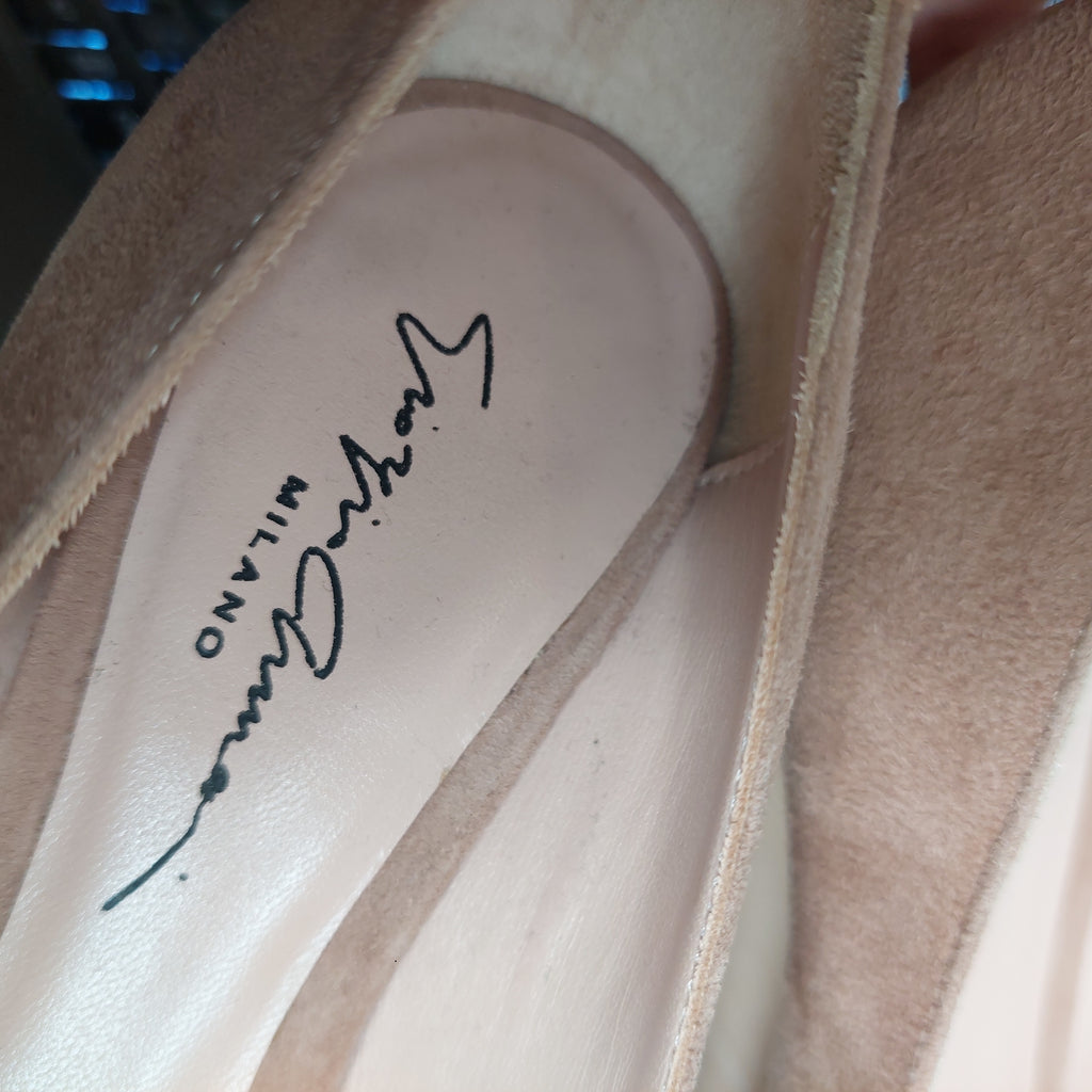 Giorgio Armani Nude Suede Asymmetrical Top Line Court Shoes | Pre Loved |