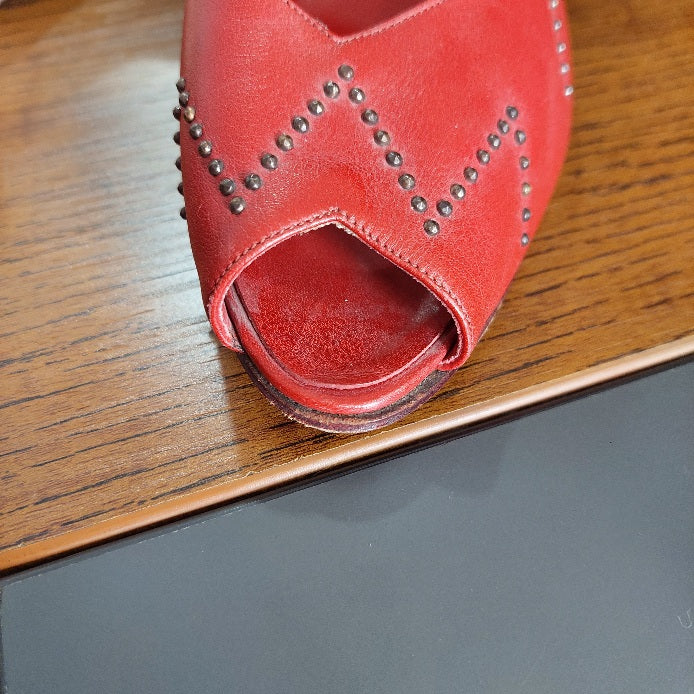 Bruno Magli Red Leather Peep Toe Studded Slingback Wedges | Pre Loved |