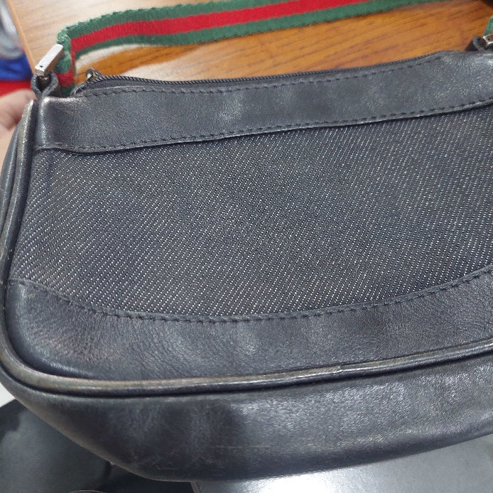 Gucci Black Denim & Leather Web Stripe Shoulder Bag | Pre Loved |