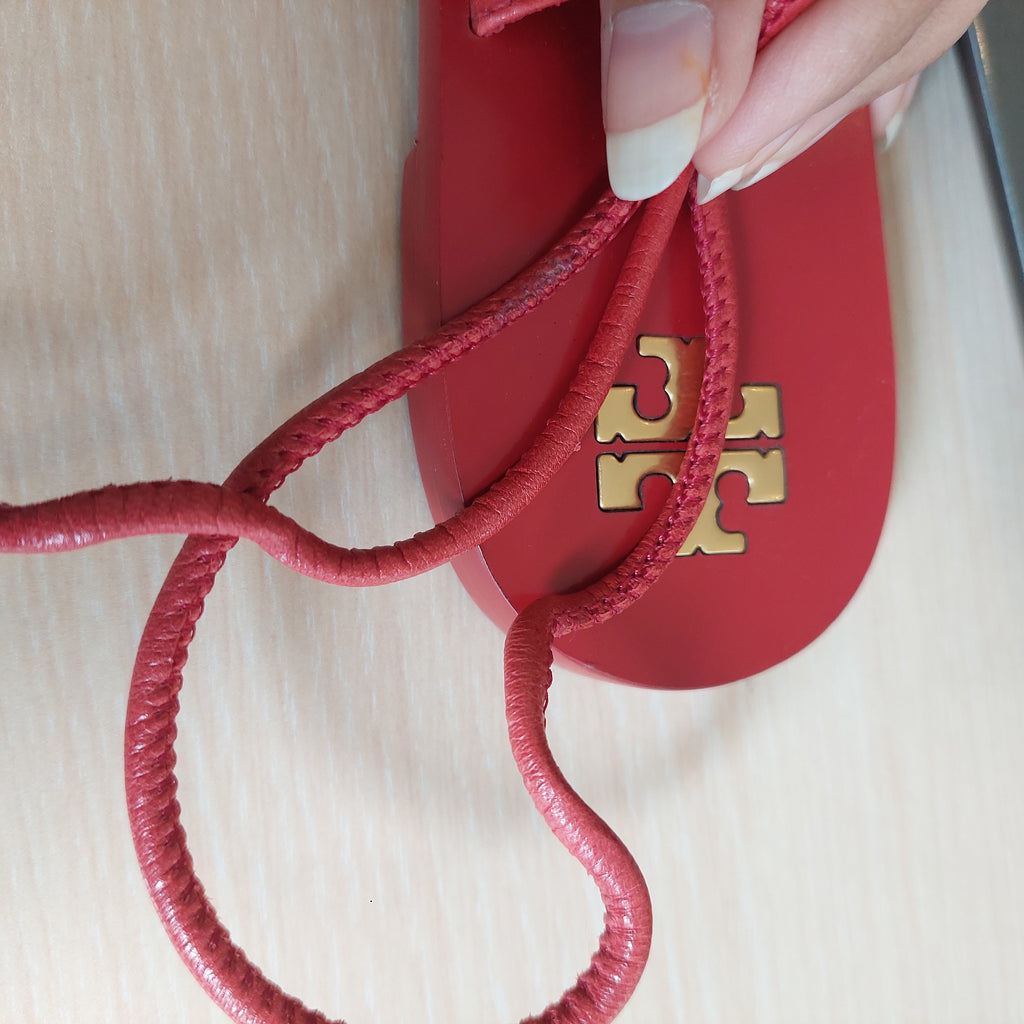 Tory Burch Red Leather Capri Flat Lace Up Sandals | Pre Loved |