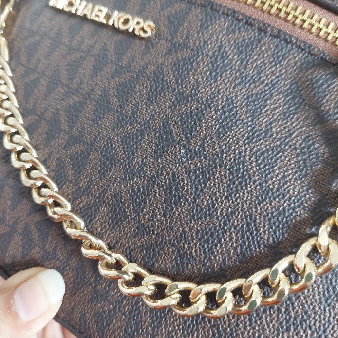 Michael Kors Brown Monogram Jet Set Zipper Chain Crossbody Bag | Pre Loved |