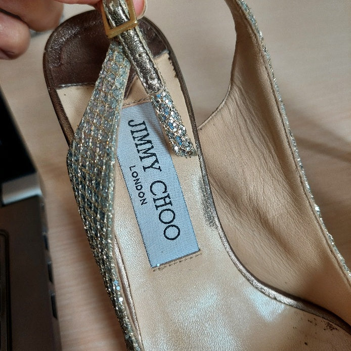 Jimmy Choo Silver & Gold Glitter Mesh Fabric Peep Toe Heels | Pre Loved |