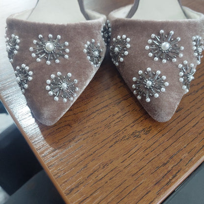 Zara Taupe Embroidered Velvet Slingback Kitten Heels | Pre Loved |