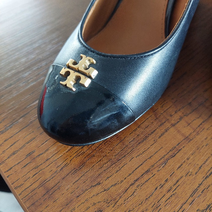 Tory Burch Black Leather Everly Cap Toe Wedges | Gently Used |