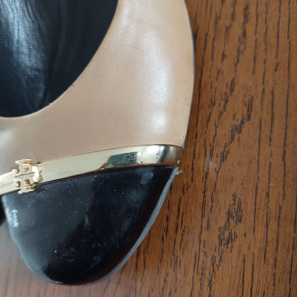 Tory Burch Tan Two Tone Patent Leather Caroline Wedges | Pre Loved |
