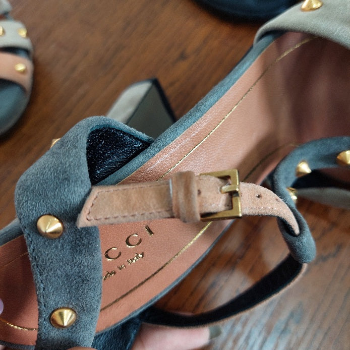 Gucci Multicolor Suede Studded Ankle Strap Sandals | Pre Loved |
