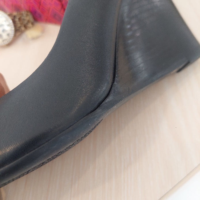 Tory Burch Black Leather Peep Toe Wedges | Pre Loved |