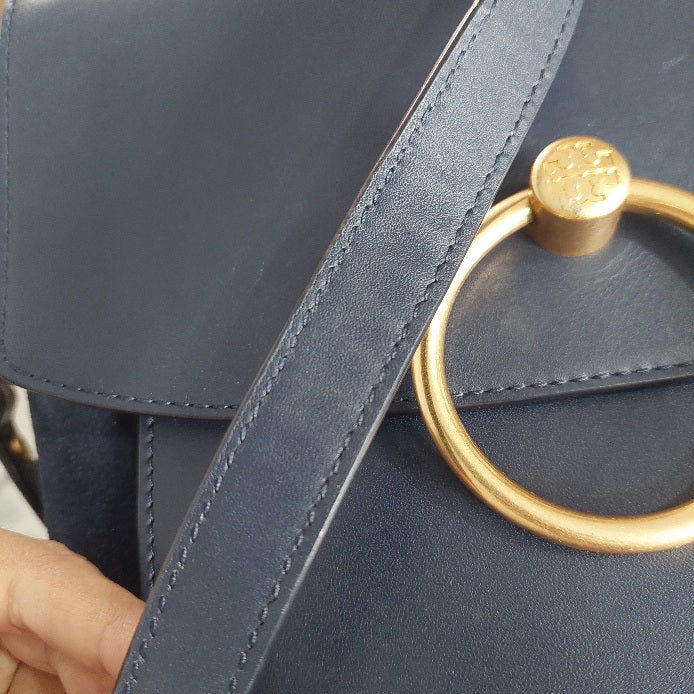 Tory Burch Royal Navy Leather & Suede Farrah Shoulder Bag | Gently Used |
