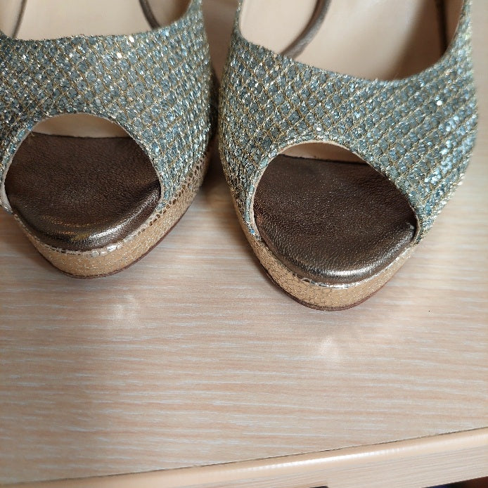 Jimmy Choo Silver & Gold Glitter Mesh Fabric Peep Toe Heels | Pre Loved |