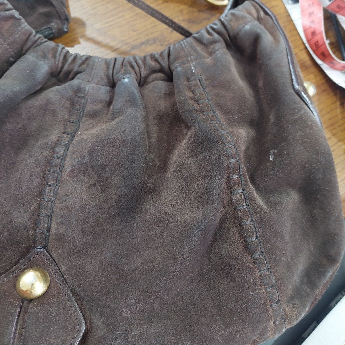 Yves Saint Laurent Vincennes Dark Chocolate Brown Suede Leather Gold Handle Bag | Pre Loved |