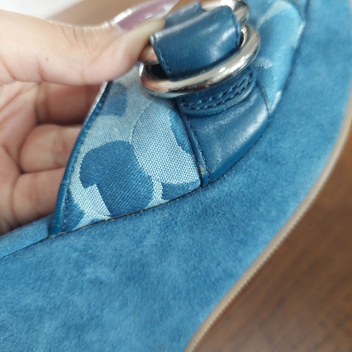 Coach Dusty Blue Merridith Logo Suede Wedges | Pre Loved |