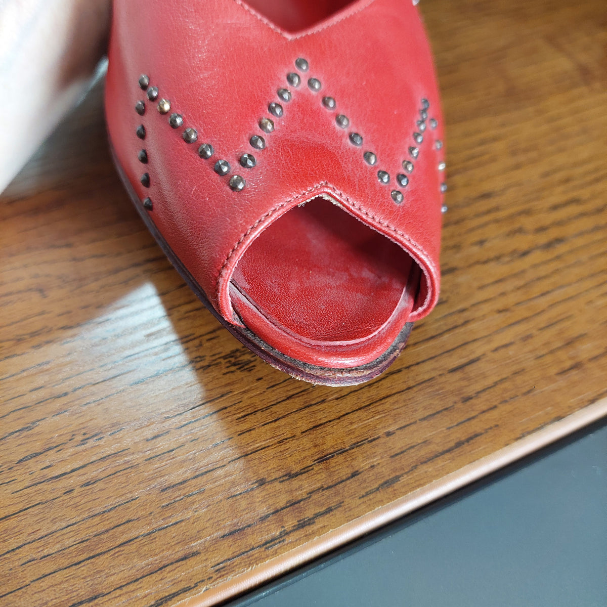 Bruno Magli Red Leather Peep Toe Studded Slingback Wedges | Pre Loved |