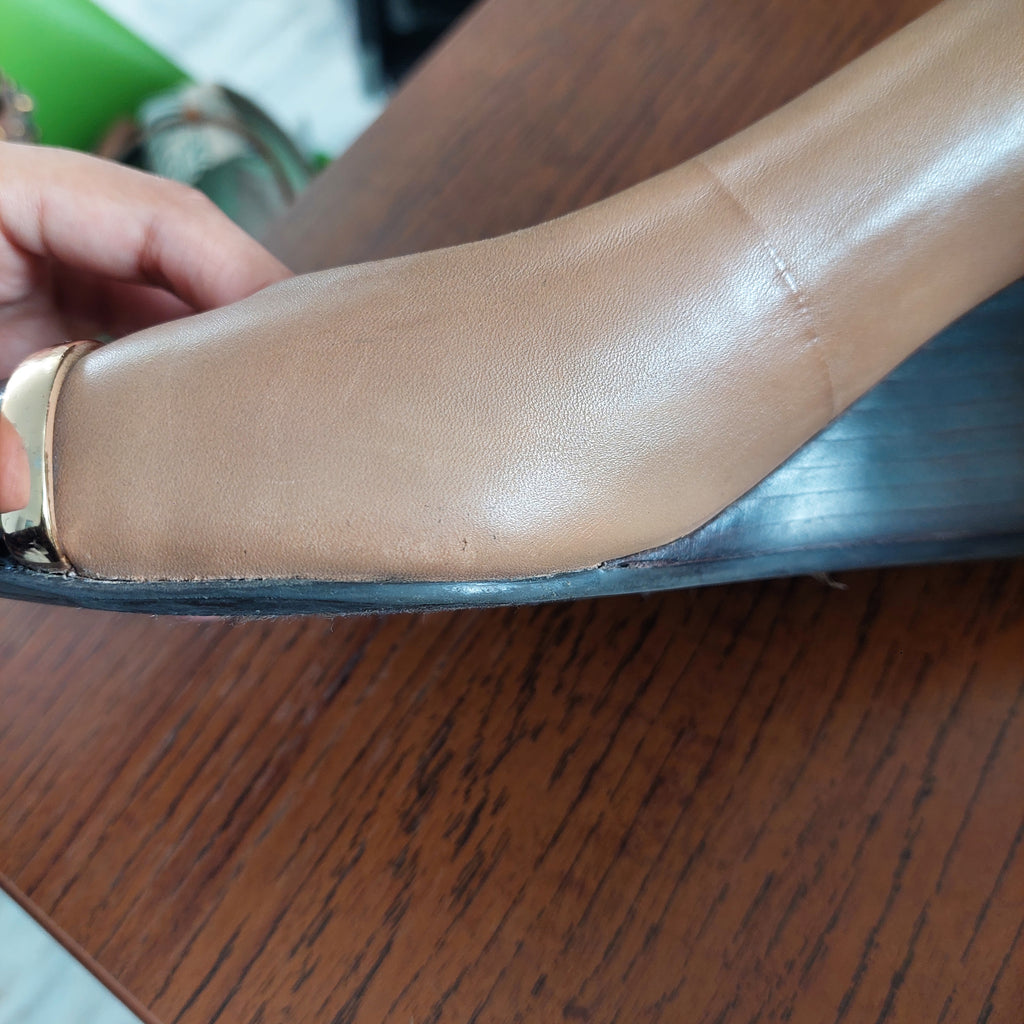 Tory Burch Tan Two Tone Patent Leather Caroline Wedges | Pre Loved |