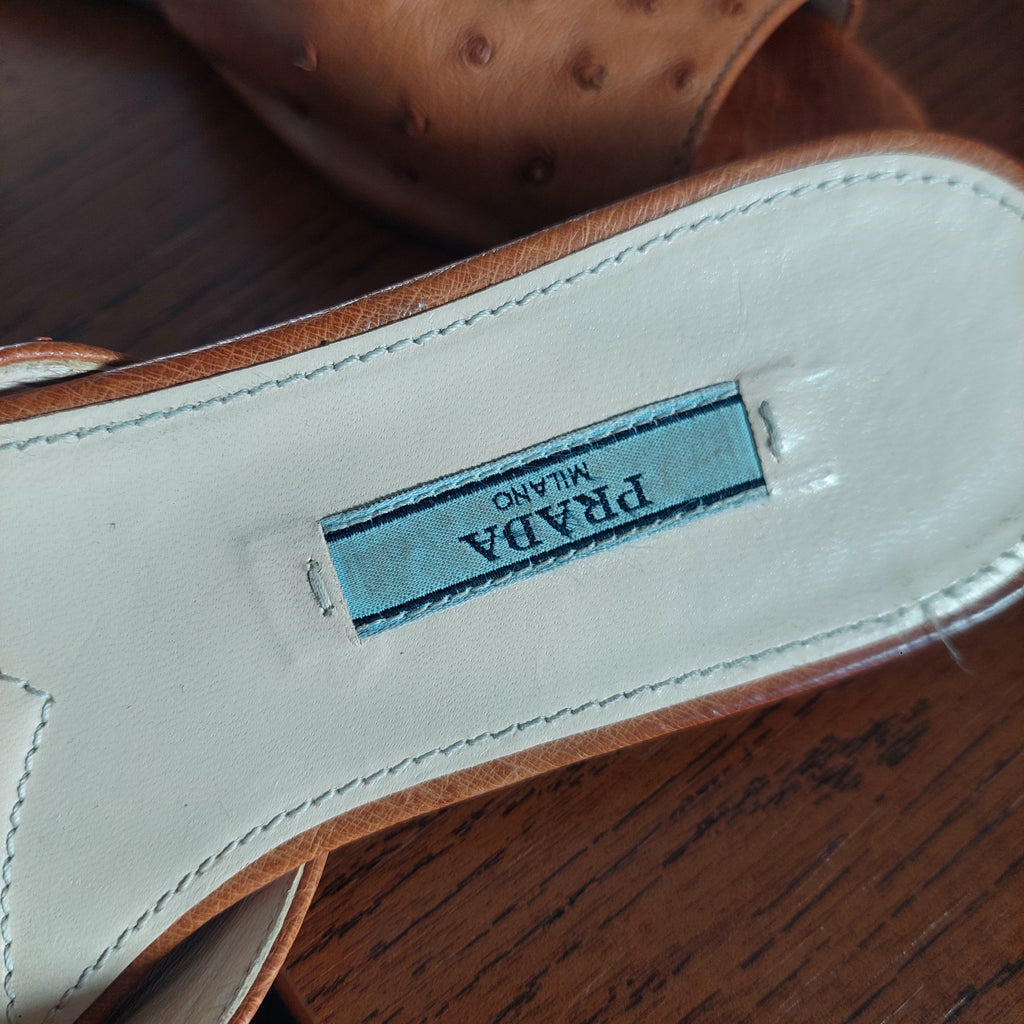 Prada Brown Ostrich Leather Slide Mules | Pre Loved |