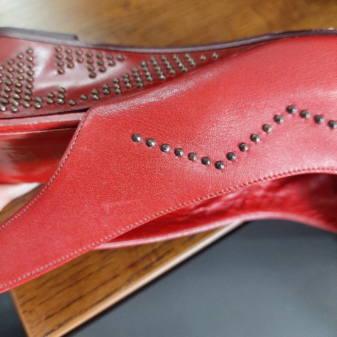 Bruno Magli Red Leather Peep Toe Studded Slingback Wedges | Pre Loved |