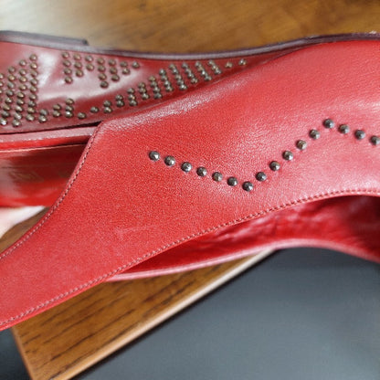 Bruno Magli Red Leather Peep Toe Studded Slingback Wedges | Pre Loved |