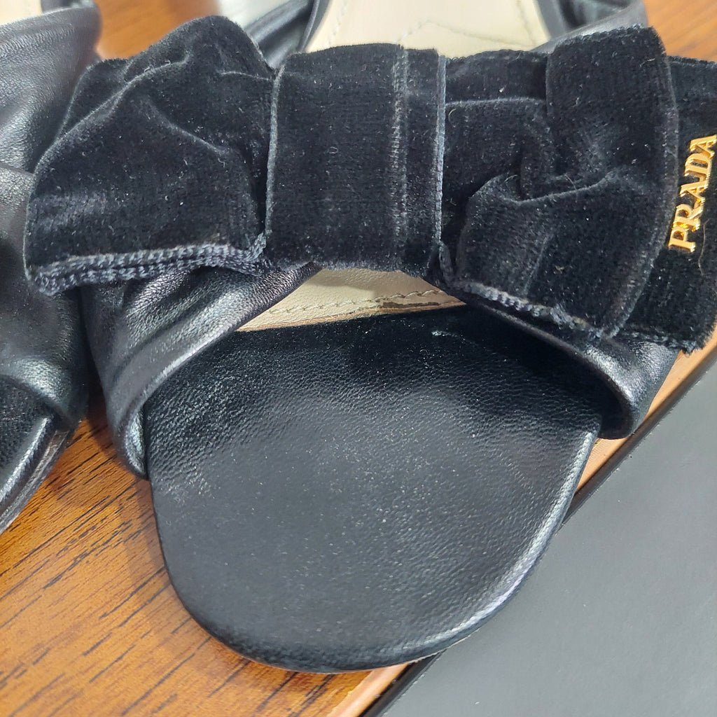 Prada Black Leather & Velvet Bow Block Heel Sandals | Pre Loved |