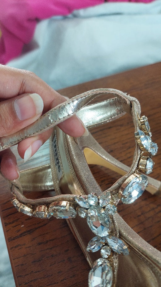 Dune London Gold Jewel-Embellished T-Bar Sandals | Pre Loved |