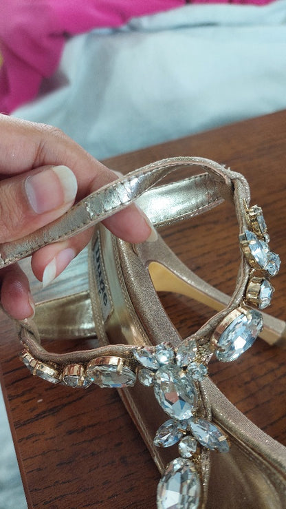 Dune London Gold Jewel-Embellished T-Bar Sandals | Pre Loved |