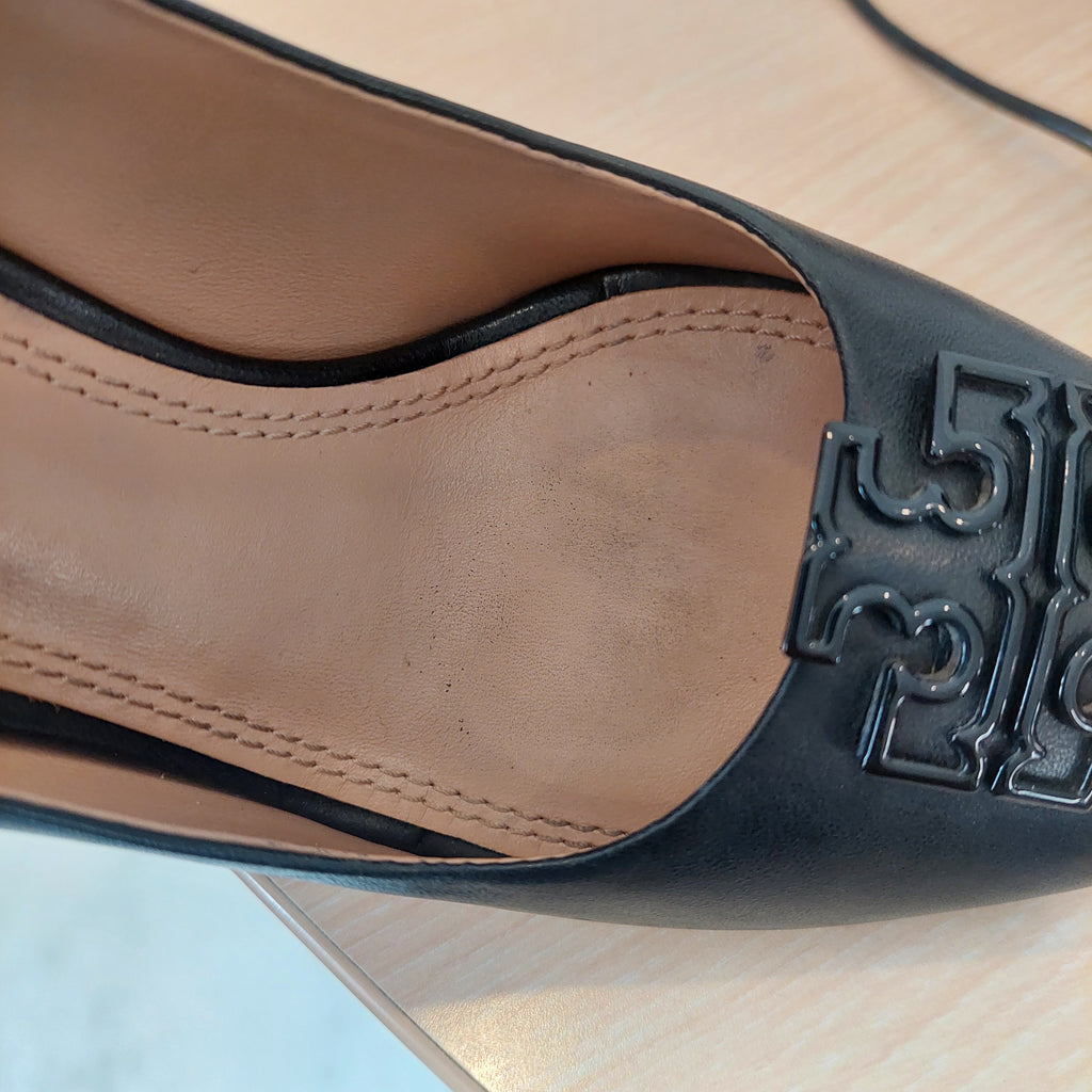 Tory Burch Black Leather Peep Toe Wedges | Pre Loved |
