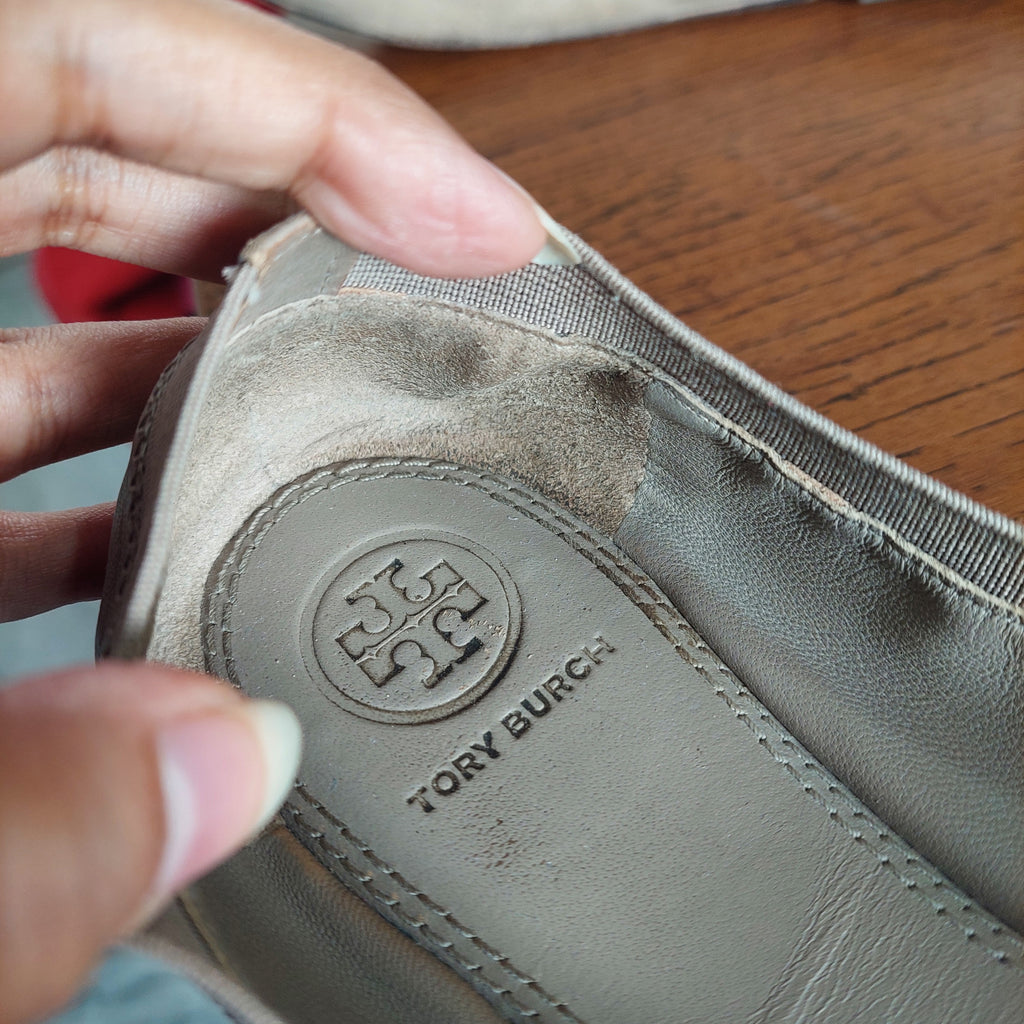 Tory Burch Grey Leather Two-Toned Jolie Ballet Flats | Pre Loved |