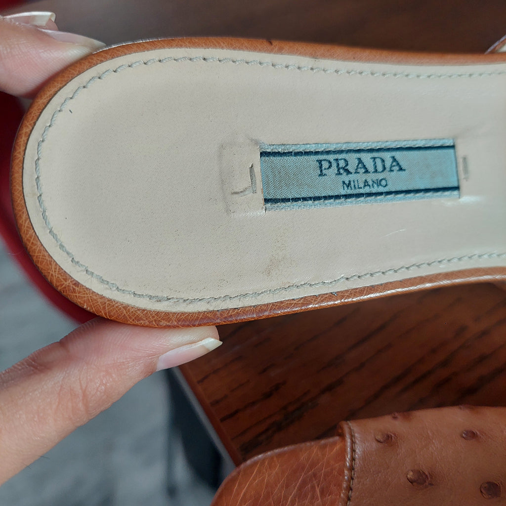 Prada Brown Ostrich Leather Slide Mules | Pre Loved |