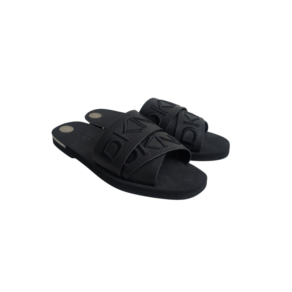 DKNY Black 'Isha' Logo Slide Sandals | Like New |