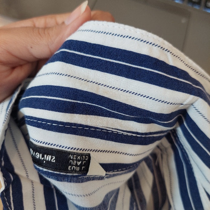 Stradivarius White & Blue Striped Collared Shirt | Gently Used |