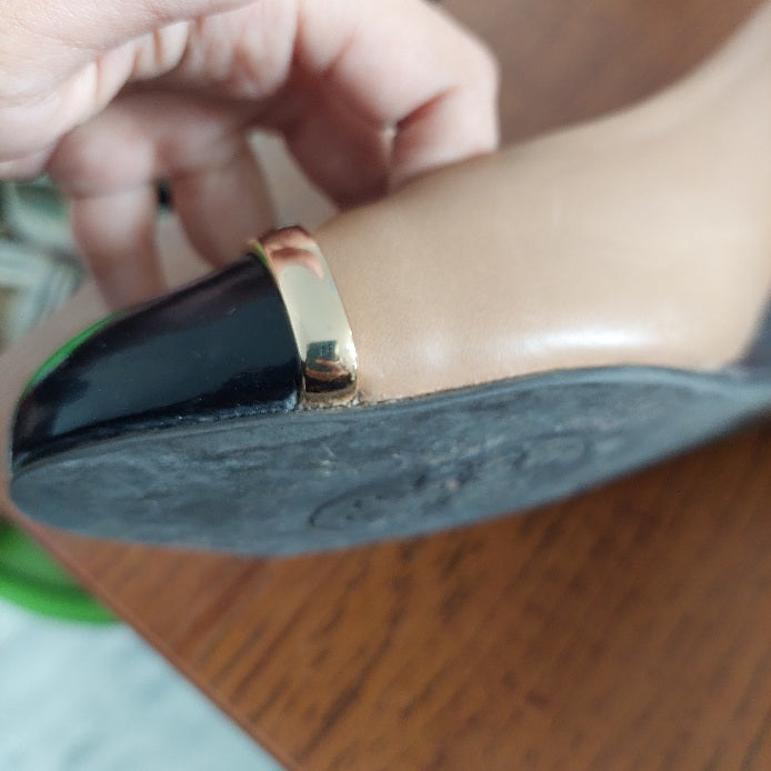 Tory Burch Tan Two Tone Patent Leather Caroline Wedges | Pre Loved |