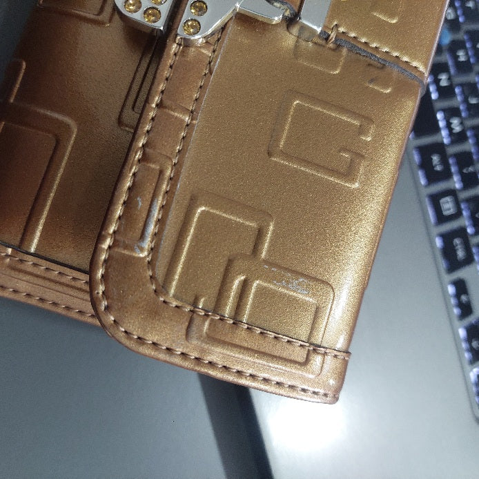 Guess Gold Patent Tri-Fold Monogram Wallet | Brand New |