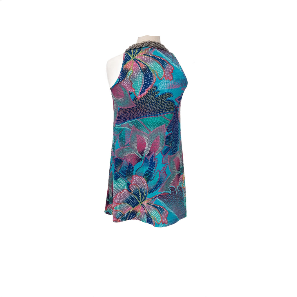 Ranna Gill Multi-coloured Printed Beaded Neckline Sleeveless Long Top | Like New |