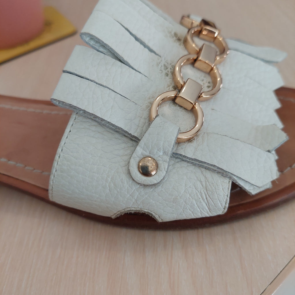 Kate Spade White Brie Leather Fringe Slide Sandals | Pre Loved |
