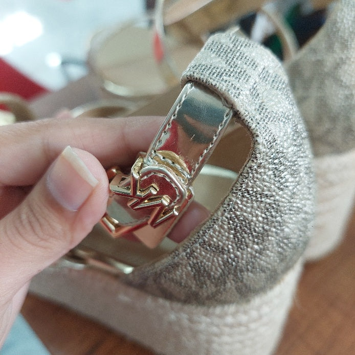 Michael Kors Serena Metallic Logo Wedge Sandals | Brand New |