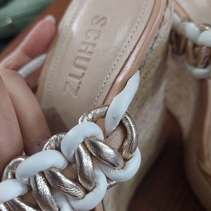 Schutz Juliet Tan And White Chain-trim Wedge Platform Sandals | Gently Used |