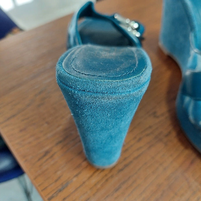 Coach Dusty Blue Merridith Logo Suede Wedges | Pre Loved |