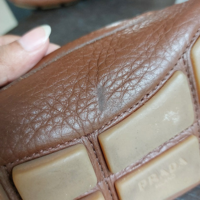 Prada Brown Pebbled Leather Loafers | Pre Loved |