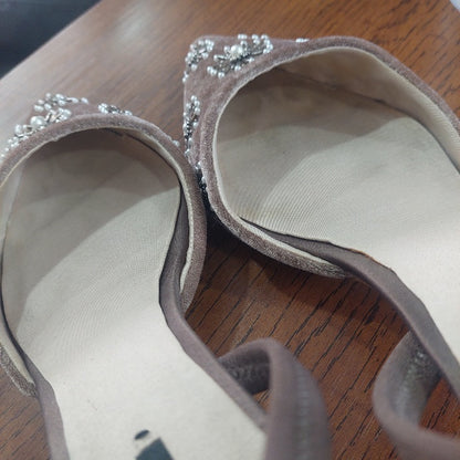 Zara Taupe Embroidered Velvet Slingback Kitten Heels | Pre Loved |
